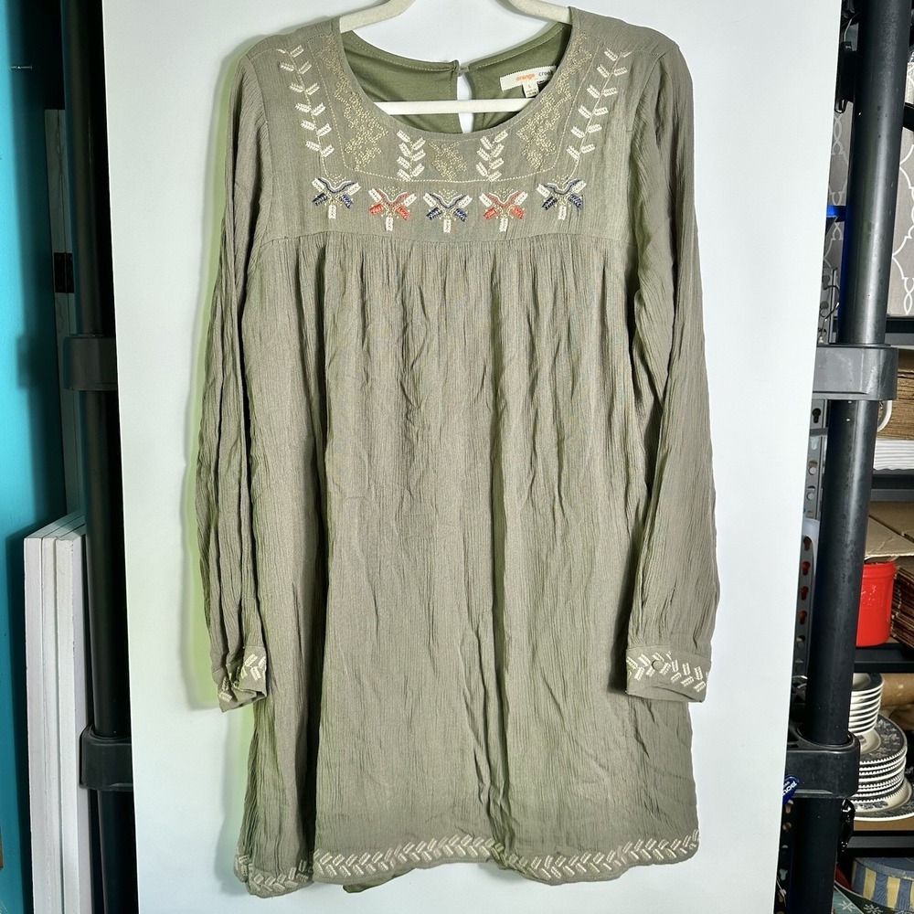 Orange Creek Embroidered Peasant Tunic Dress Olive Boho Womens Size L Babydoll